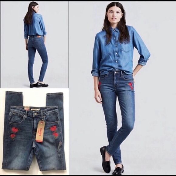 LEVI’S 721 HIGH RISE SKINNY ROSE EMBROIDERED JEANS - Picture 1 of 6